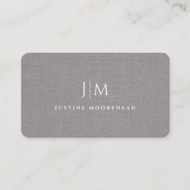 Modern Professional Monogram Minimalist Grey Linen Business Card (Front)