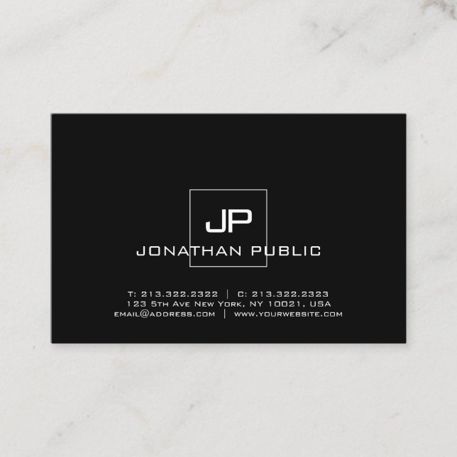 Modern Professional Monogrammed Black White Chic Business Card (Front)
