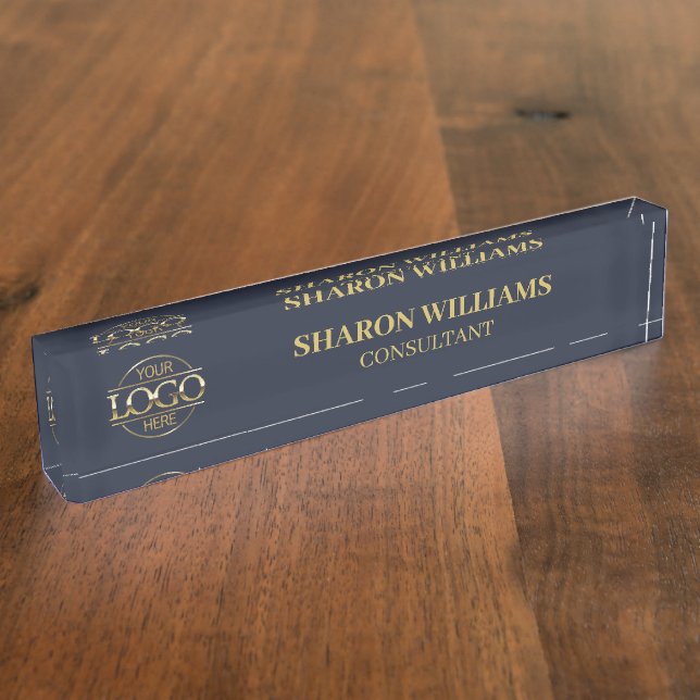 Modern Professional Navy Blue Gold Office Title Nameplate (Side)
