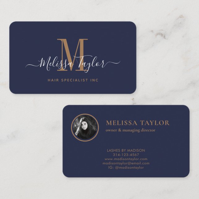 Modern Professional Navy Blue Gold Signature Business Card (Front/Back)