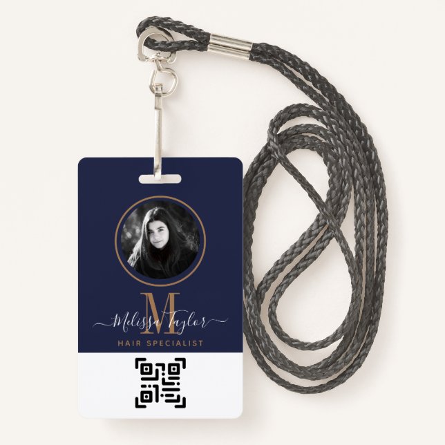 Modern Professional Navy Blue Gold Signature ID Badge (Front with Lanyard)