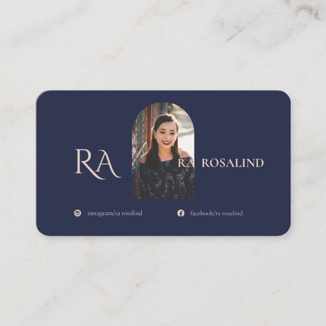 Modern Professional Navy Blue Monogram Photo Business Card (Front)