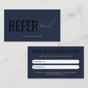 Modern professional navy blue refer a friend referral card