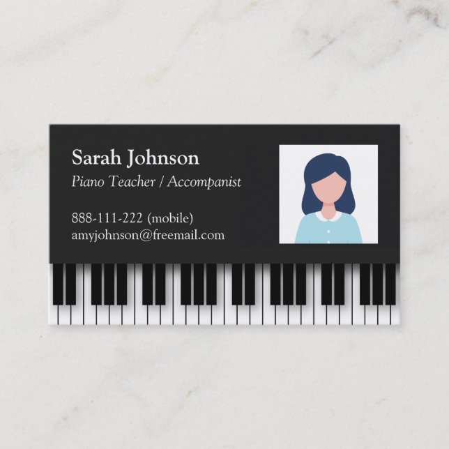 Modern Professional Piano Teacher Photo Business Card (Front)