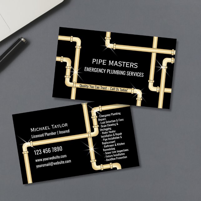 Modern Professional Plumber Pipes Plumbing Tools Business Card (plumbing pipes in gold color on the black background business cards)