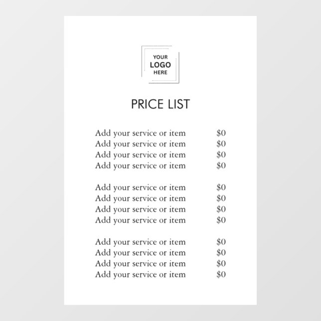 Modern Professional Price List | Business Logo Window Cling (Sheet)