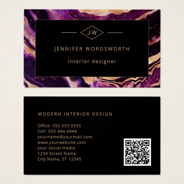 Modern Professional Purple Black Abstract QR Code (Front & Back)