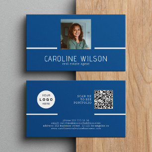 Modern professional QR CODE logo photo blue Business Card