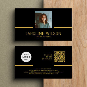 Modern professional QR CODE logo photo gold black Business Card