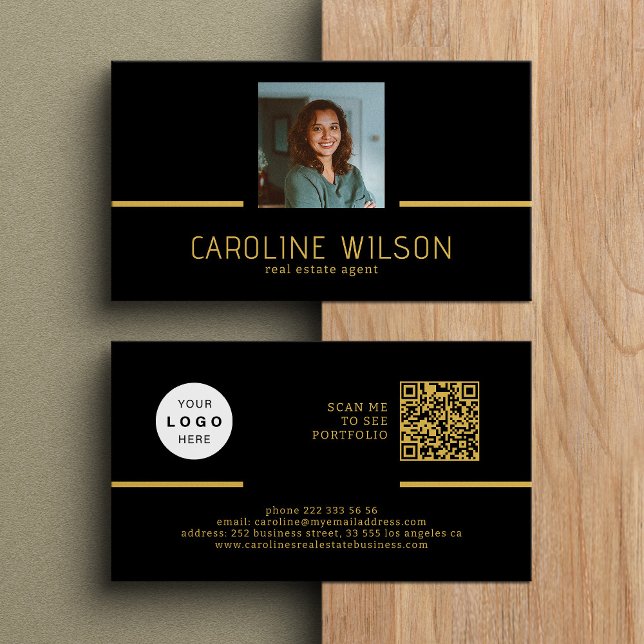 Modern professional QR CODE logo photo gold black Business Card (Creator Uploaded)