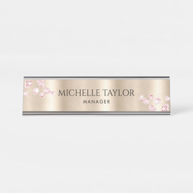 Modern Professional Rose Gold Sparkle Diamonds Desk Name Plate (Front)