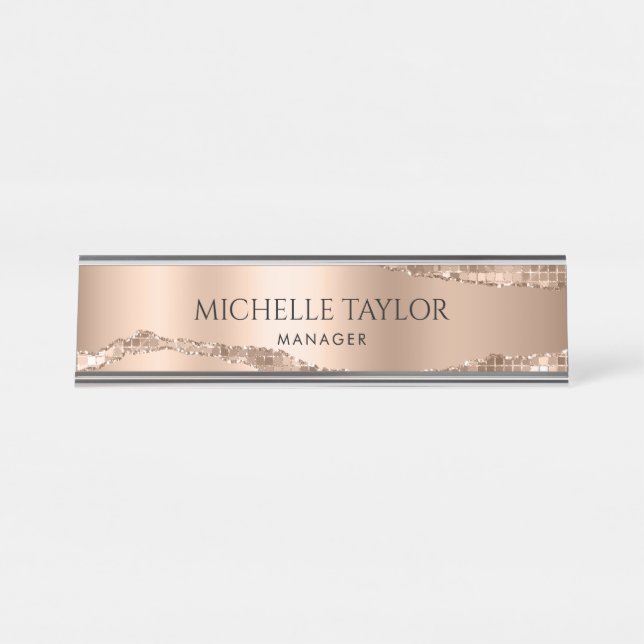 Modern Professional Rose Gold Sparkle Glitter Desk Desk Name Plate (Front)