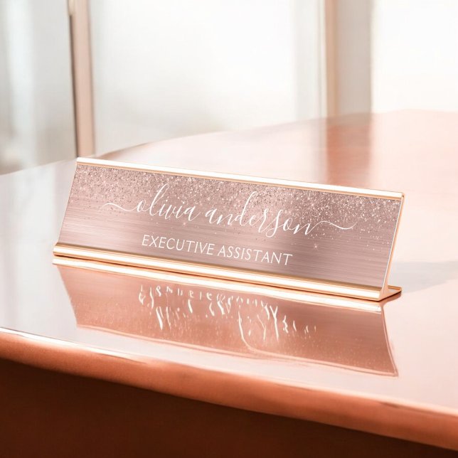 Modern Professional Rose Gold Sparkle Glitter Desk Desk Name Plate (Creator Uploaded)
