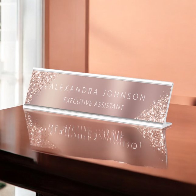 Modern Professional Rose Gold Sparkle Glitter Desk Name Plate (Creator Uploaded)