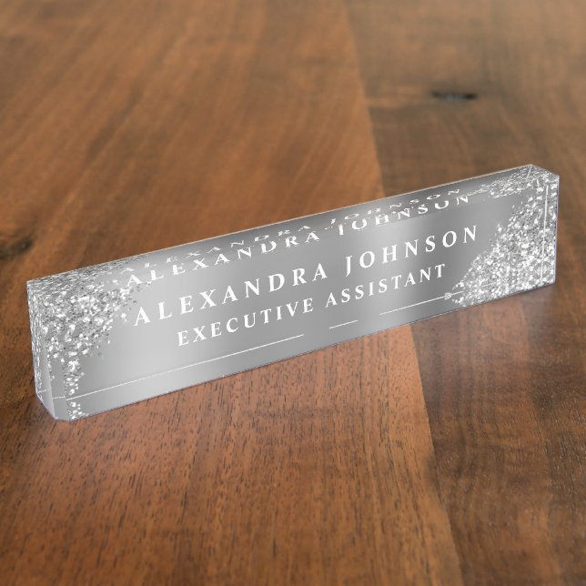 Modern Professional Silver Sparkle Glitter Nameplate (Side)