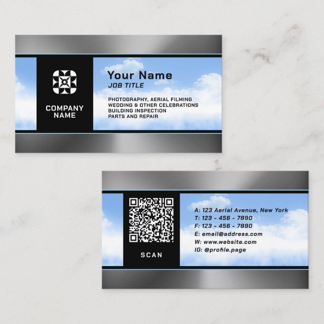 Modern professional sky metallic drone business card (Front/Back)