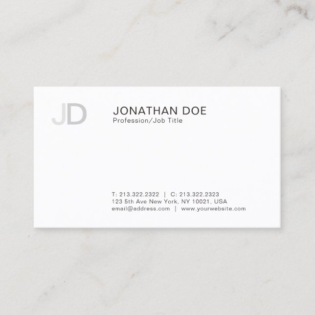 Modern Professional Stylish Monogram White Plain Business Card (Front)