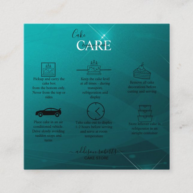 Modern Professional Turquoise Cake Care   Square Business Card (Front)