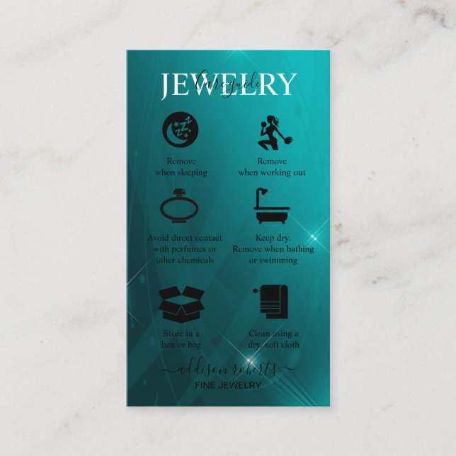 Modern Professional Turquoise Jewellery Care    Business Card (Front)