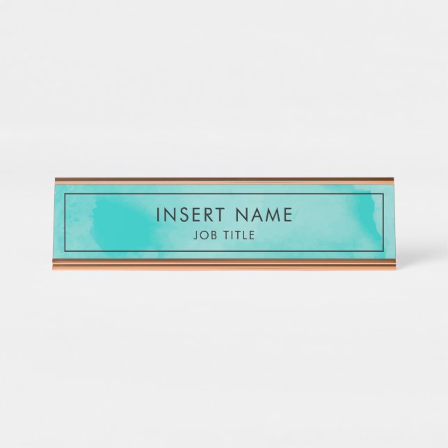 Modern Professional Turquoise Watercolor Desk Name Plate (Front)