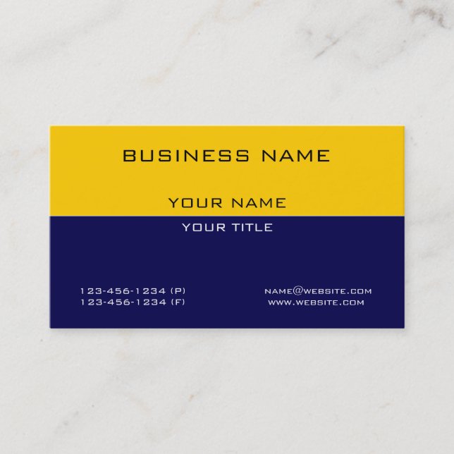 Modern Professional Yellow Navy Blue Business Card (Front)
