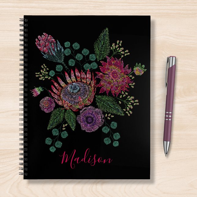 Modern Protea Floral Stitched Personalised Name Notebook (Creator Uploaded)