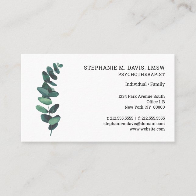 Modern Psychotherapist Eucalyptus Business Card (Front)