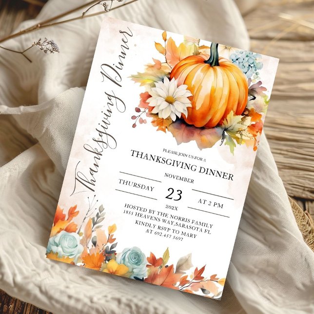 Modern Pumpkin Autumn Leaves Thanksgiving Dinner Invitation (Creator Uploaded)