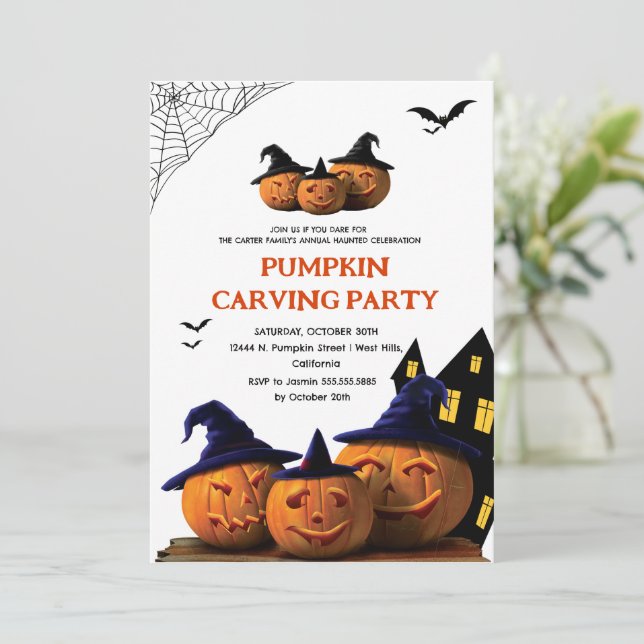 Modern Pumpkin Carving Adult Halloween Party  Invitation (Standing Front)