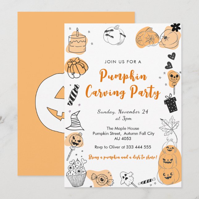 Modern Pumpkin Carving Party whimsical Doodles Invitation (Front/Back)