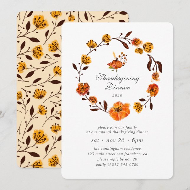 Modern Pumpkin Floral Wreath Thanksgiving Invitation (Front/Back)