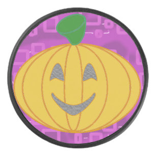 Modern Pumpkin on Purple Geometric Hockey Puck