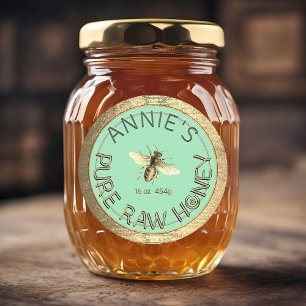 Modern Pure Raw Honey Bee Gold Frame Blue Cyan   Classic Round Sticker
