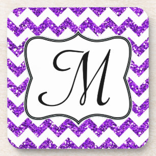 Modern Purp Glitter Chevron Monogram Drink Coaster