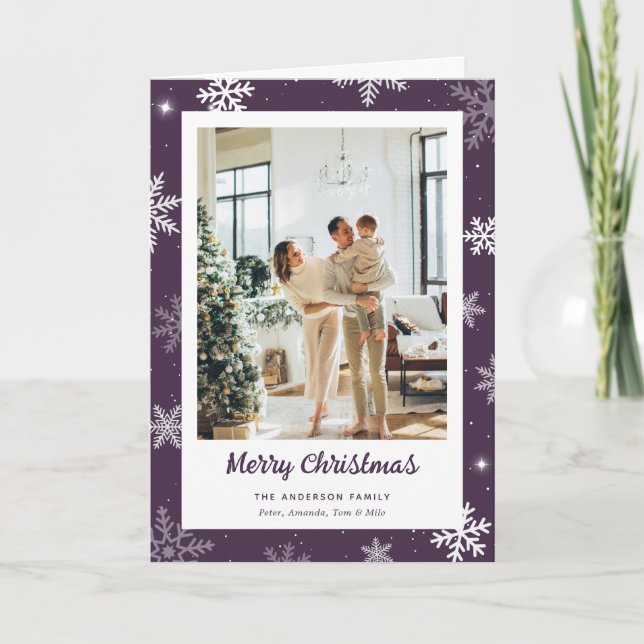 Modern Purple 2 Photo Snowflake Christmas Card (Front)