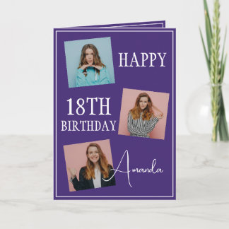 Modern Purple 3 Photo Collage 18th Birthday Card