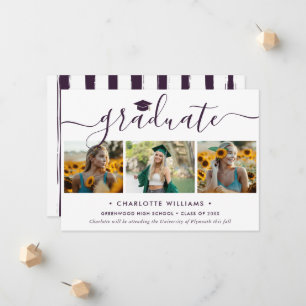 Modern Purple 3 Photo Collage Script Graduation Announcement