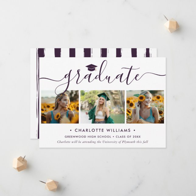 Modern Purple 3 Photo Collage Script Graduation Announcement (Front/Back In Situ)