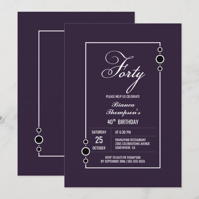 Modern Purple 40th Birthday Party Invitation (Front/Back)