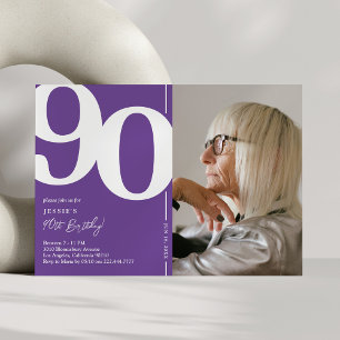 Modern Purple 90th Birthday Photo Invitation