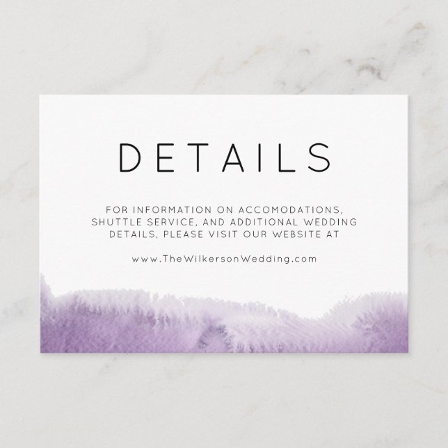 Modern Purple Abstract Watercolor Wedding Details Enclosure Card (Front)