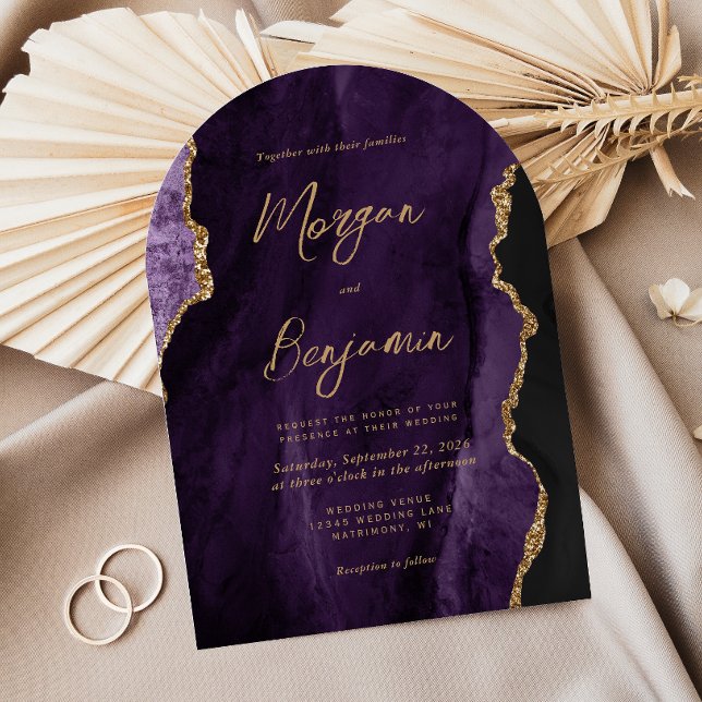 Modern Purple Agate Chic Script Arch Shape Wedding Invitation (Creator Uploaded)