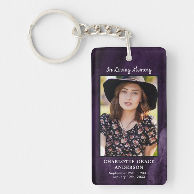 Modern Purple Agate Funeral Photo Memorial Prayer Key Ring (Front)