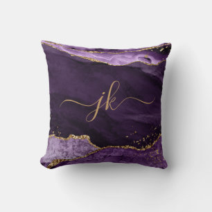 Modern Purple Agate Gold Glitter Script Monogram Cushion