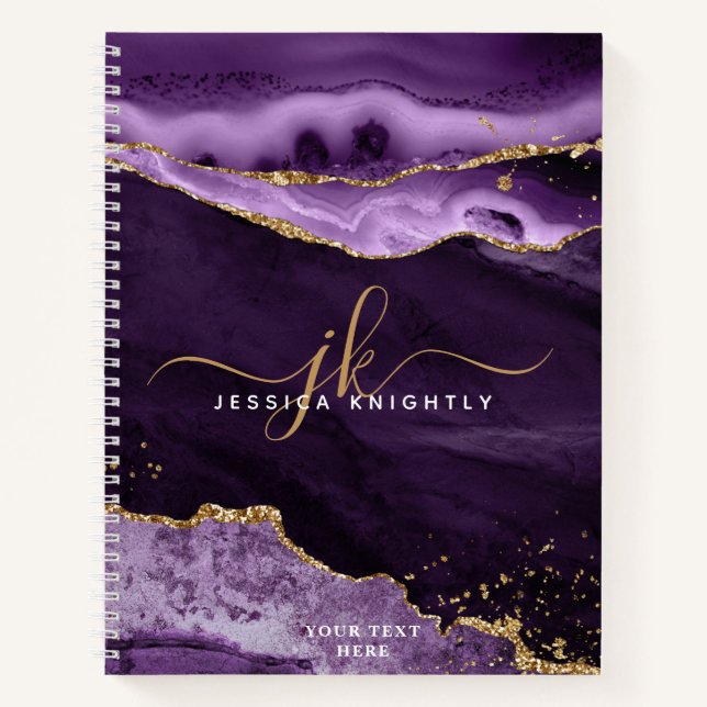 Modern Purple Agate Gold Glitter Script Monogram Notebook (Front)