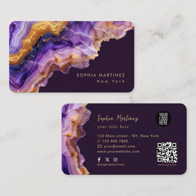 Modern Purple Agate gold marble & QR Code Logo Business Card (Front/Back)
