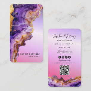 Modern Purple Agate gold marble & QR Code Logo Business Card