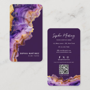 Modern Purple Agate gold marble & QR Code Logo Business Card