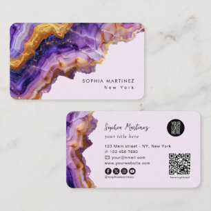 Modern Purple Agate gold marble & QR Code Logo Business Card