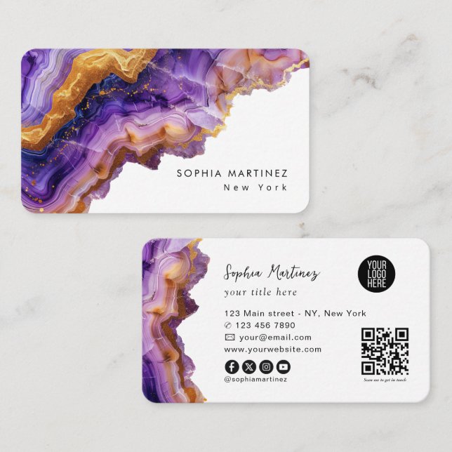 Modern Purple Agate gold marble & QR Code Logo Business Card (Front/Back)